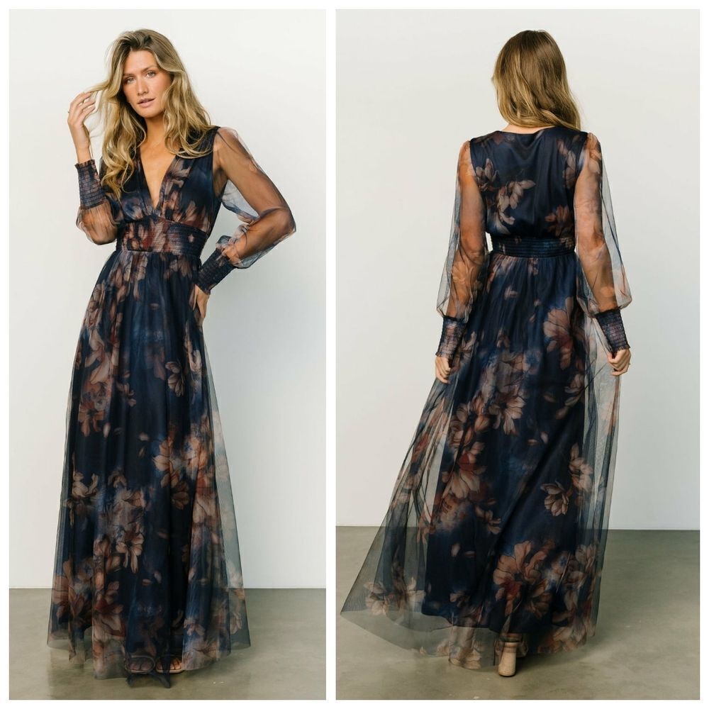 Baltic Born Layla Dark Blue Floral Long Sleeve Tulle Maxi Dress